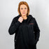 Rave Girl trägt "Red Headed" Premium Zip Hoodie von Technostoff in schwarz, Vorderansicht offen
